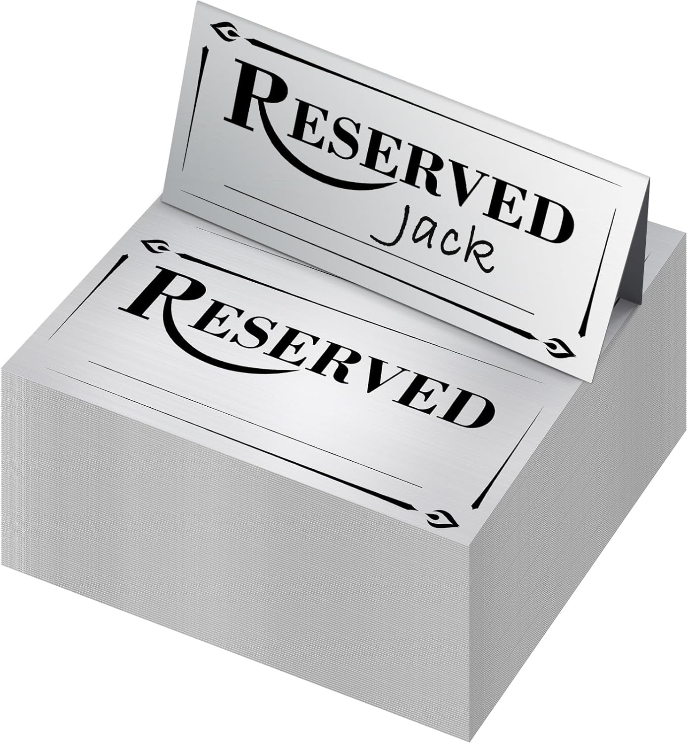 300 Pcs Paper Table Reserved Sign with Name Line Reserved Seating Signs Bulk Double Sided Signs for Reserving Seats Restaurant Wedding Reception Church Board Business Meeting (Silver Black)