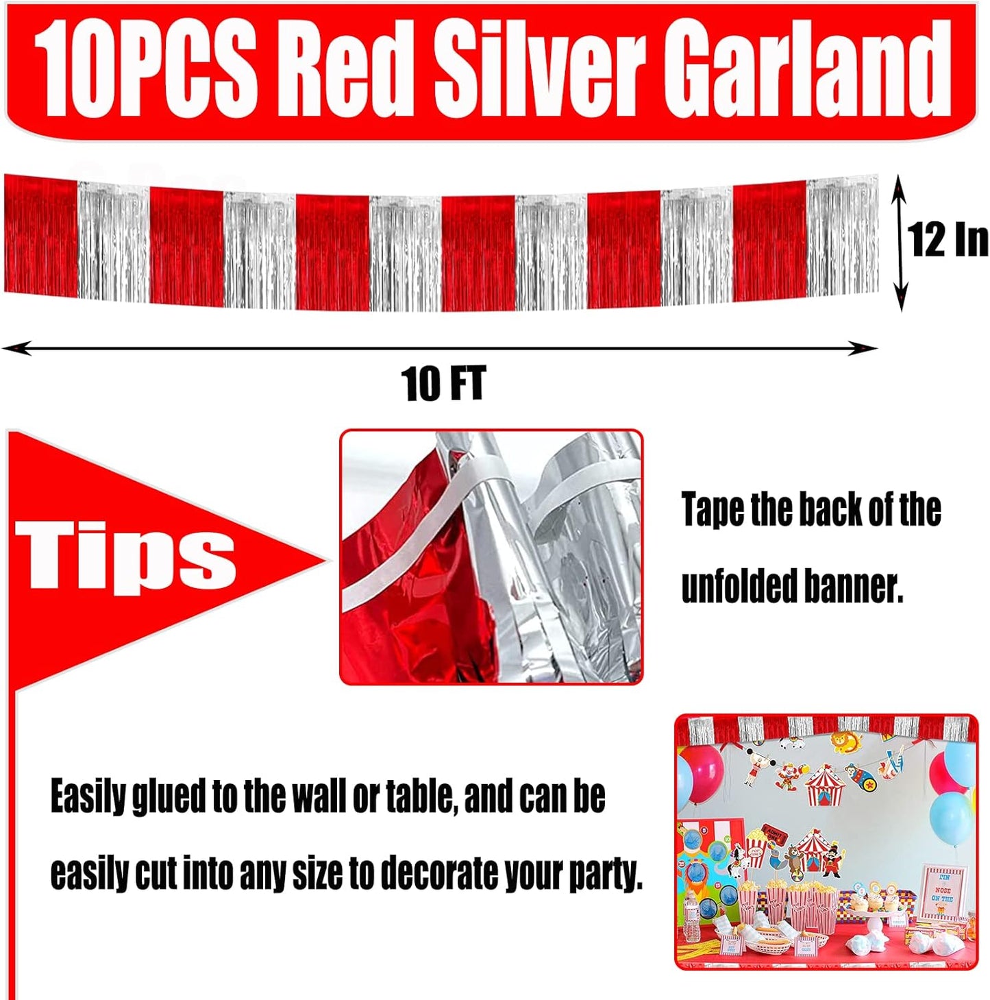 10 Pack 10 Feet Foil Fringe Garland Metallic Tinsel Streamers Banner Wall Hanging Backdrop for Parade Floats, Circus Welcome Carnival Birthday Party Decorations(Silver Red)