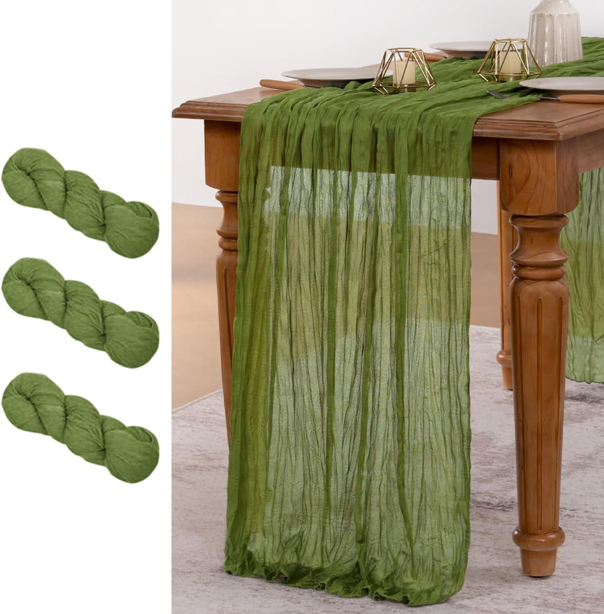 MLMW 3 Pack Fall Cheesecloth Table Runner Forest Green Boho Cheese Cloth Gauze 160 inch Rustic Sheer Table Runner 13.3ft for Wedding Party Baby Bridal Shower Birthday