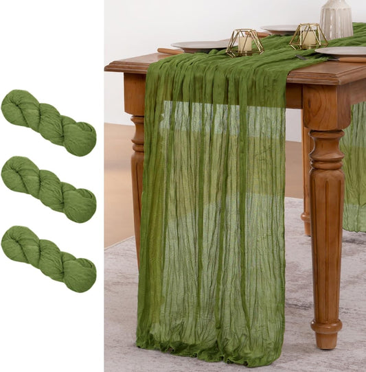 MLMW 3 Pack Fall Cheesecloth Table Runner Forest Green Boho Cheese Cloth Gauze 160 inch Rustic Sheer Table Runner 13.3ft for Wedding Party Baby Bridal Shower Birthday