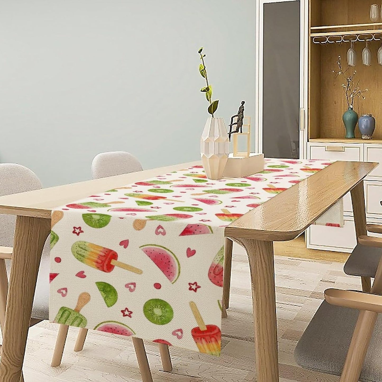 Summer Popsicles Table Runner, Colorful Watercolor Ice Cream Loves Heart Seasonal Dinner Runner for Party Holiday Home Kitchen Dining Table Decor 13"x70"