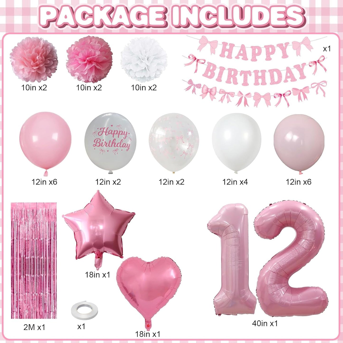 12th Birthday Decorations for Girls Pink Number 12 Balloon Bow Coquette Happy Birthday Banner Fringe Curtain Paper Pom Poms Star Heart Foil Pink White Balloons 21 Year Old Party Decor