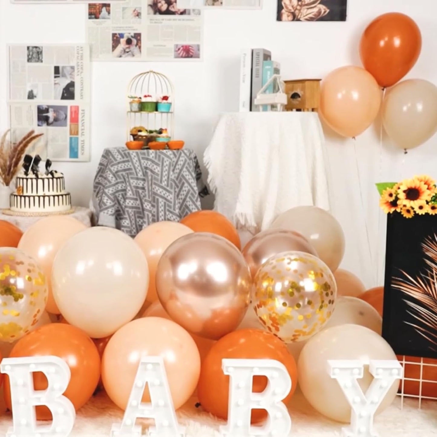 Paready Burnt Orange Balloons Set, 50Pcs Orange and Apricot Balloons, 12 Inch Metallic Confetti Gold Sand White Apricot Balloon for Baby Shower Thanksgiving Tropical Fall Party Supplies