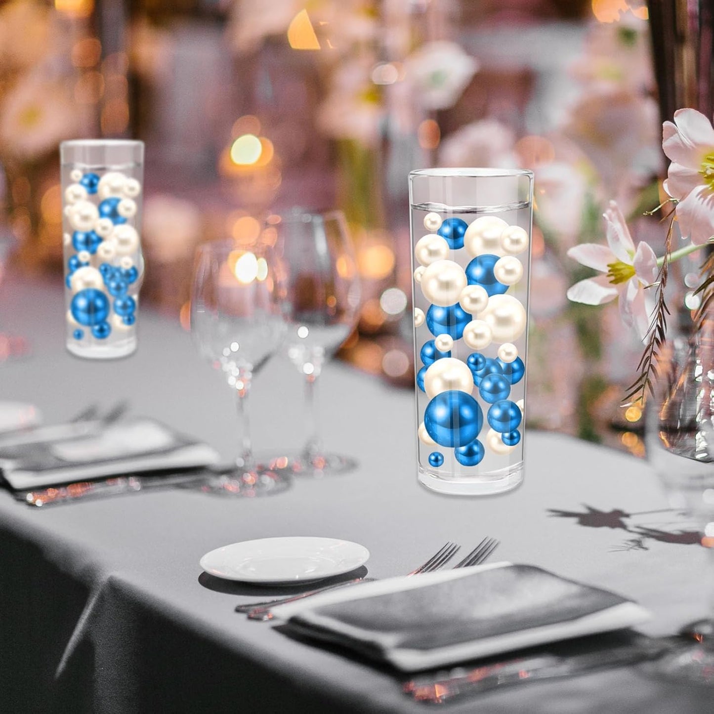 100PCS Blue White Faux Pearls Beads for Centerpiece Vases, Vase Filler Faux Pearls, No Holes Filler Beads for Party Anniversary Birthday Wedding Table Decor, 14/20/30mm