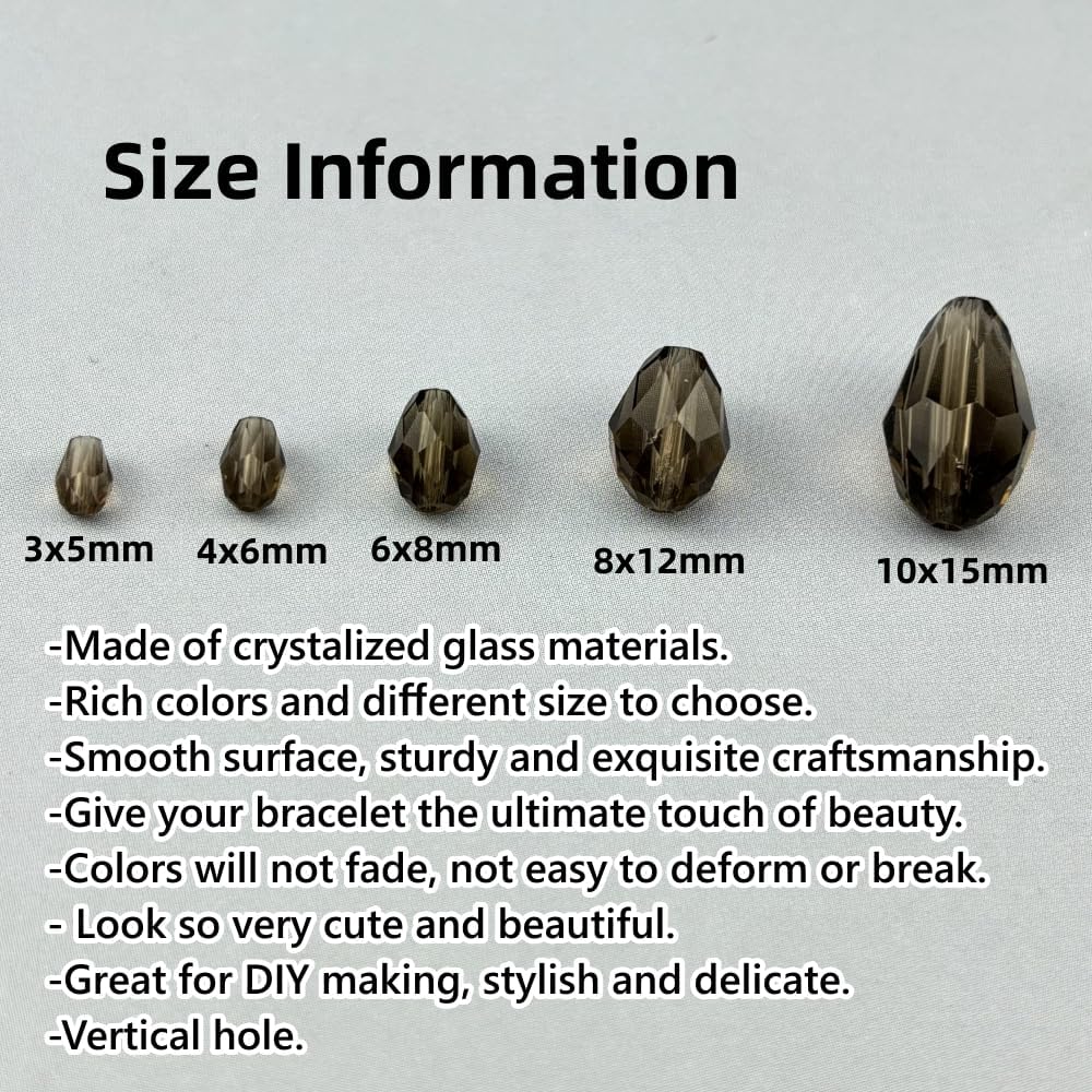 130pcs 6x8mm Teardrop Crystal Glass Beads for Jewelry Making, Faceted Vertical Hole Teardrop Glass Spacer Beads for Wind Chimes Bracelet Earring Necklace DIY Craft(Gray)