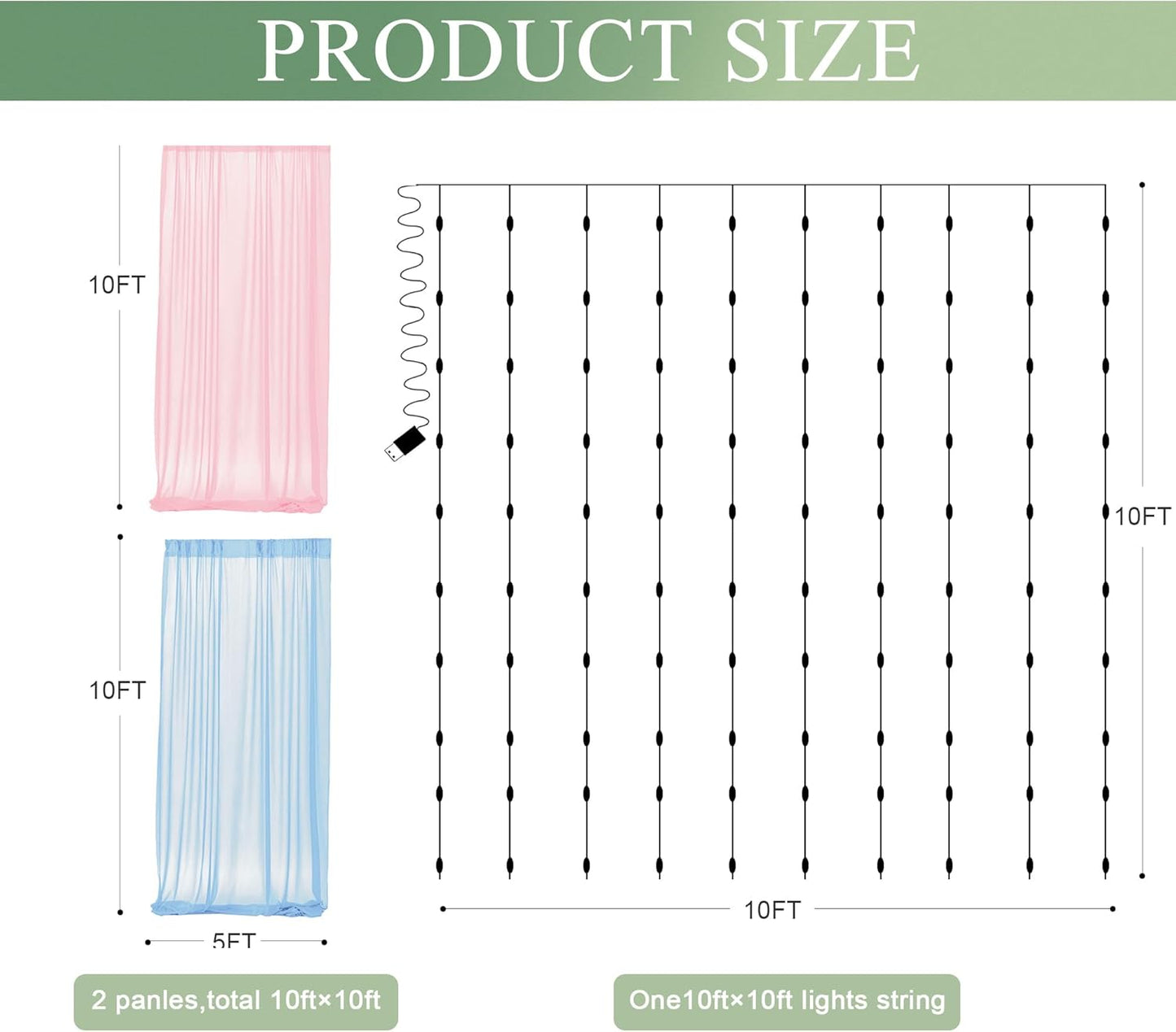 Tulle Backdrop Curtain with Lights String 10FT X 10FT Pink and Blue Sheer Tulle Backdrop Curtains for Wedding Birthday Party Reception Photo Booth Background Decorations (2 Panels 5x10FT)