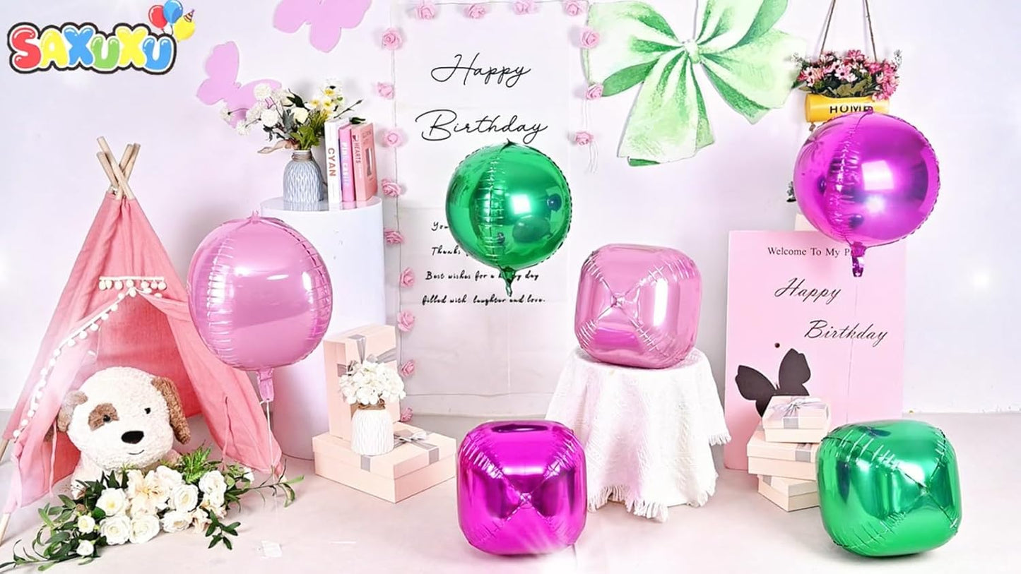 Green Pink Giant 4D Foil Balloons, 6 Pcs Large Metallic Green Pink Black Round Balloons, 22 Inch Big Round Foil Balloon for Summer Birthday Party Baby Shower Graduation Wedding Decorations