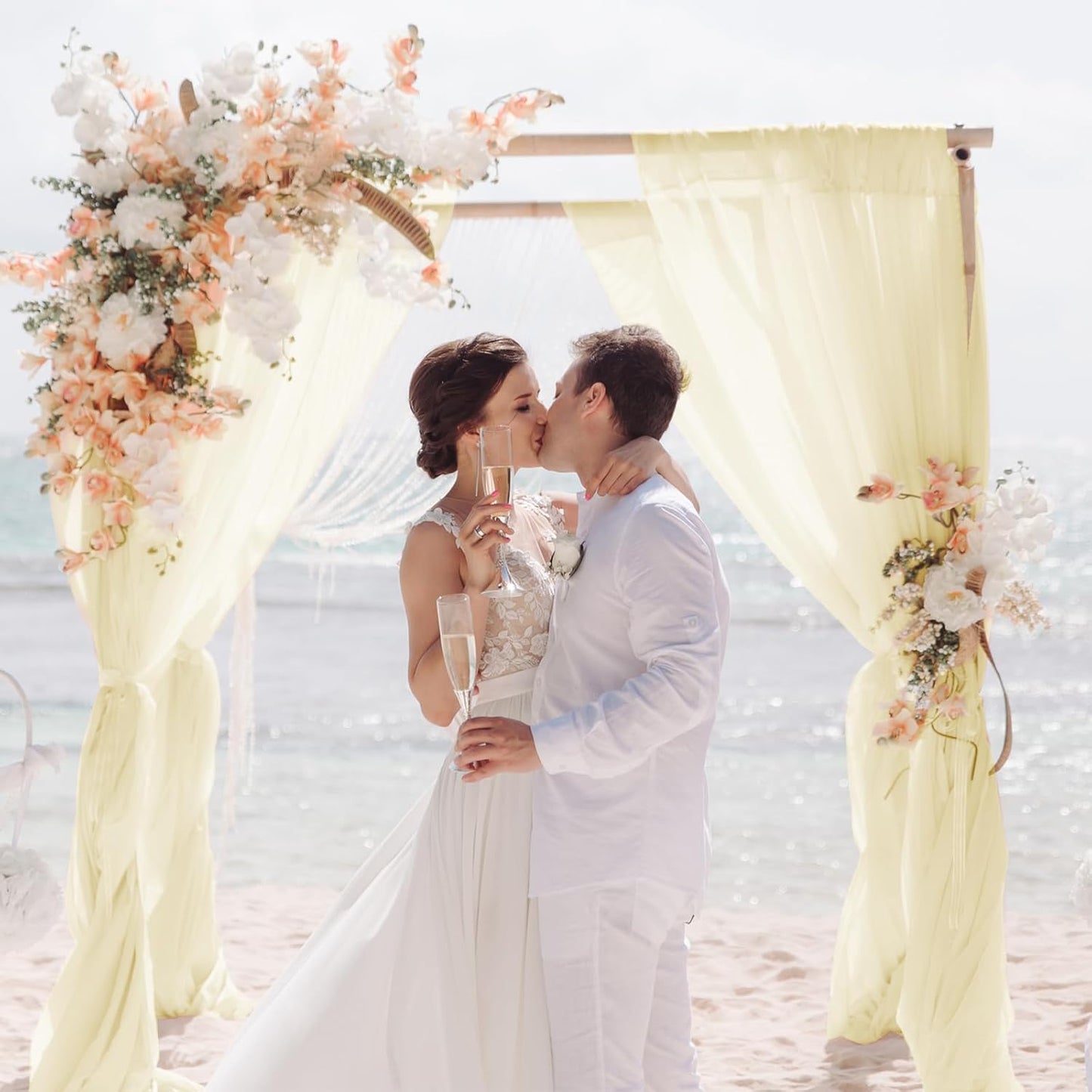 VOK Wedding Arch Draping Fabric Chiffon Curtains, 29in x 18Ft Sheer Chiffon Outdoor Curtain for Wedding Ceremony Birthday Party Decoration (Light Yellow,4 Panel)