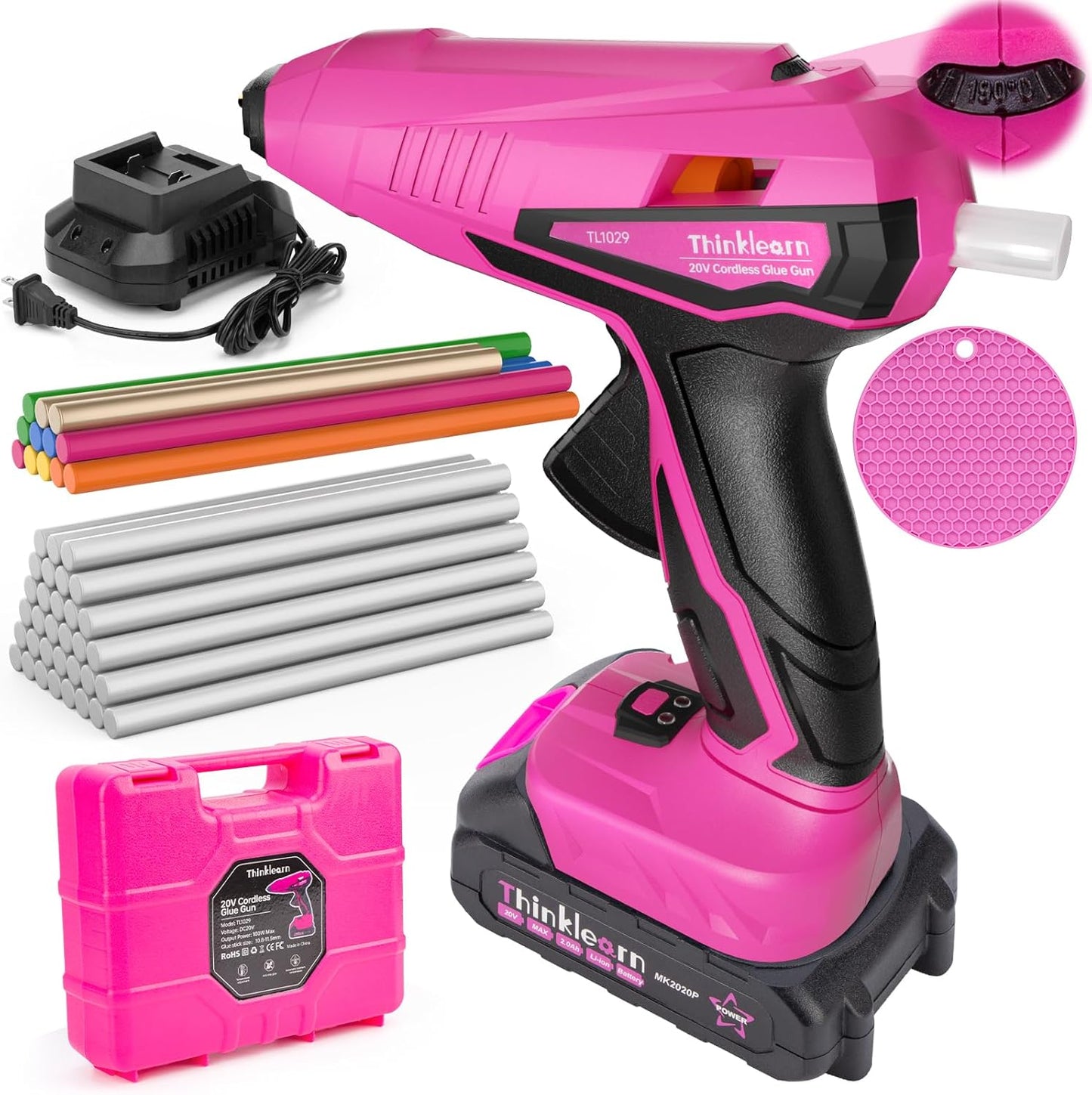 Cordless Hot Glue Gun - 20V Temp Adjust Hot Glue Gun with 43PCS Full Size Hot Glue Sticks, Pink Fast Heating Glue Gun and Sticks Set for DIY, Arts & Craft, Decorations, Gift for Women