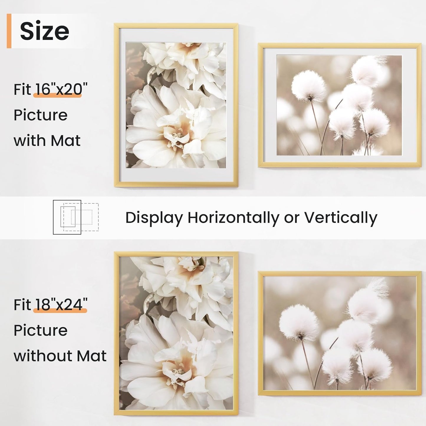 18x24 inch Picture Frame, 18x24 Photo Frames with 16x20 Removable Mat - High Definition Plexiglass - Vertical and Horizontal Display - Wall Hanging Poster Frame - Gold, 5 Pack