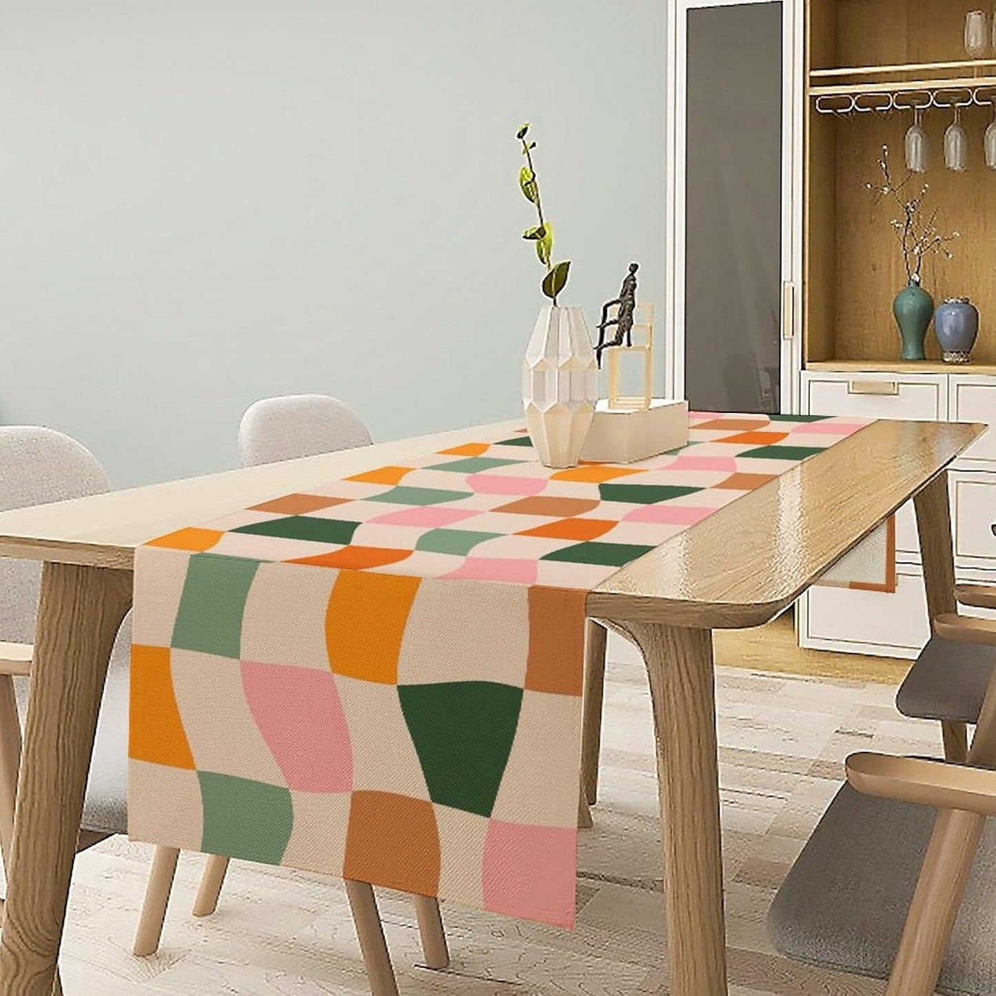Hippie Table Runner, Vintage Geometric Square Orange Green Pink Grid 60s 70s Style Kitchen Dining Room Decor for Indoor Outdoor Wedding Party Table Runner 13x120 Inch