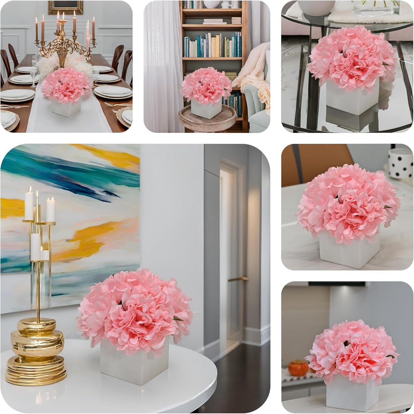 LADADA Artificial Flowers in Square White Ceramic Vase, Fake Peony Bouquet, Artificial Flower Arrangement for Home Decoration (Pink)