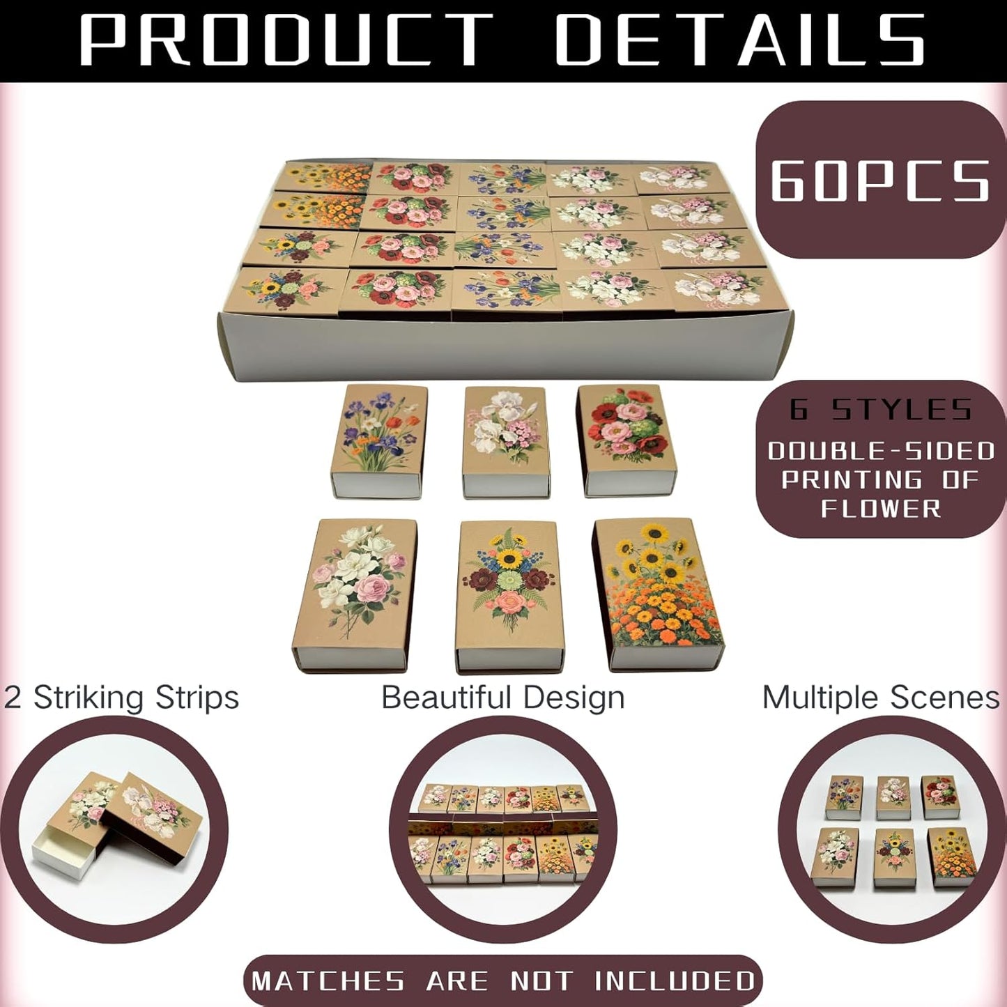 60pcs Flower Match Boxes, 2.25x1.42x0.59in Bulk Fall Spring Floral DIY Light Brown Storage Containers Holders Double-Sided Strikers Wedding Bridal Baby Shower Birthday Party Favor, No Matches Included