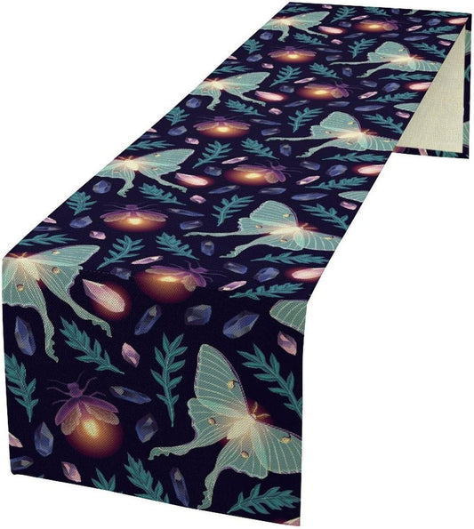 Moth Table Runner, Retro Boho Aesthetic Blue Moth Magic Table Runner for Home Kitchen Dining Party Indoor Outdoor Decoration 13x36 Inch