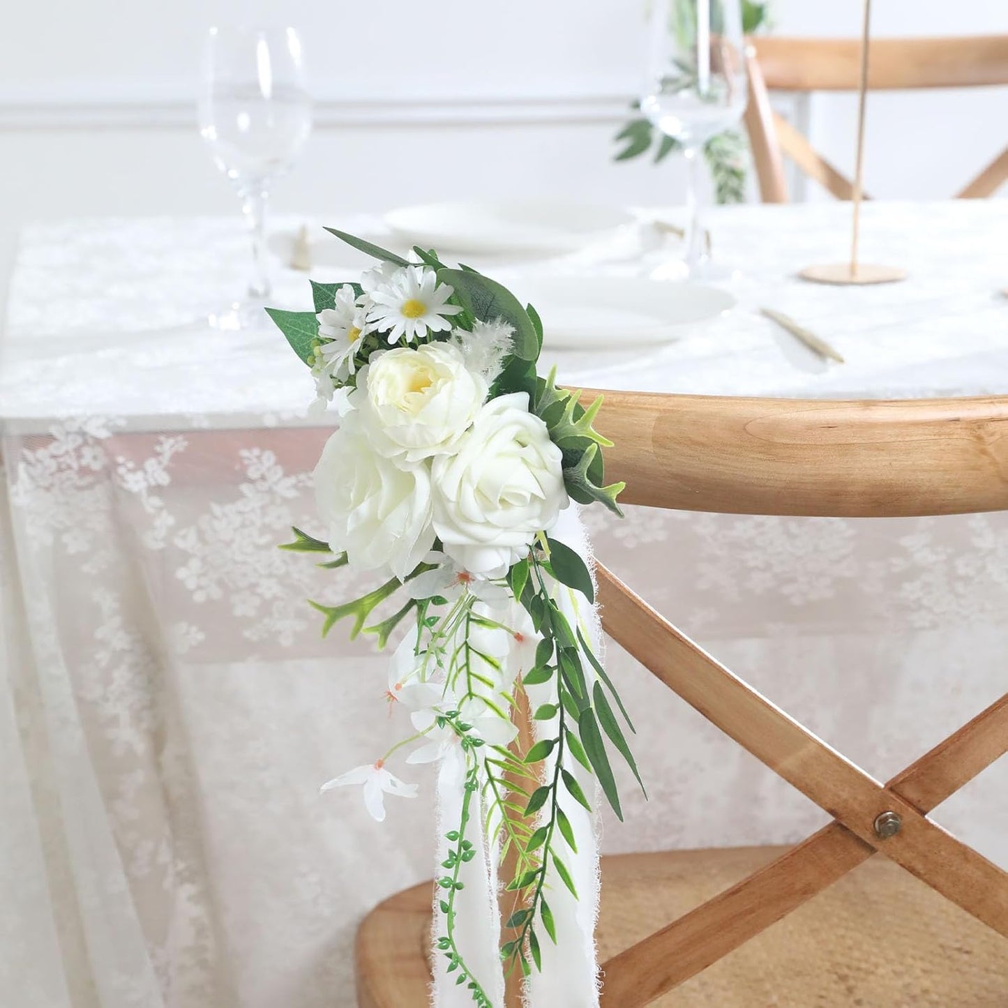 Wedding Aisle Decorations Set of 8 Chair Back Flowers Floral Pew Wedding Decorations for Ceremony with Chiffon Ribbons Fall Decor