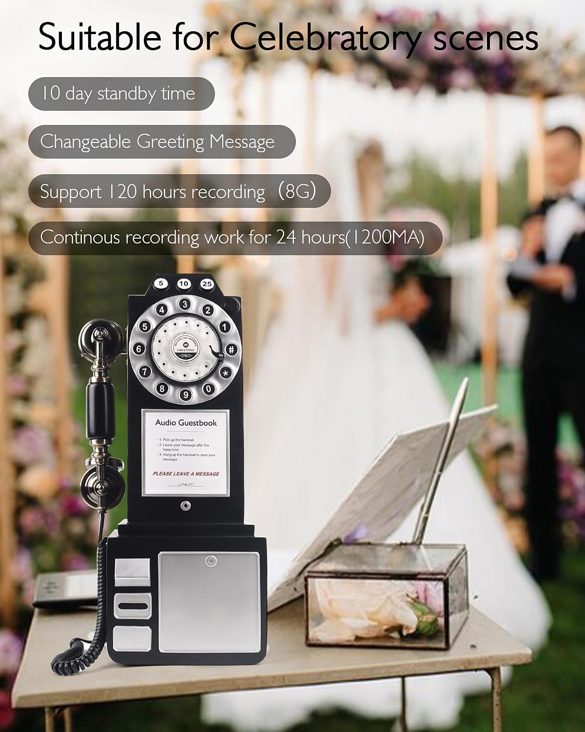 Audio Guest Book Wedding Phone with Vintage Design, Record Customized Audio Message Guest Book for Wedding, Party and Gathering, Black