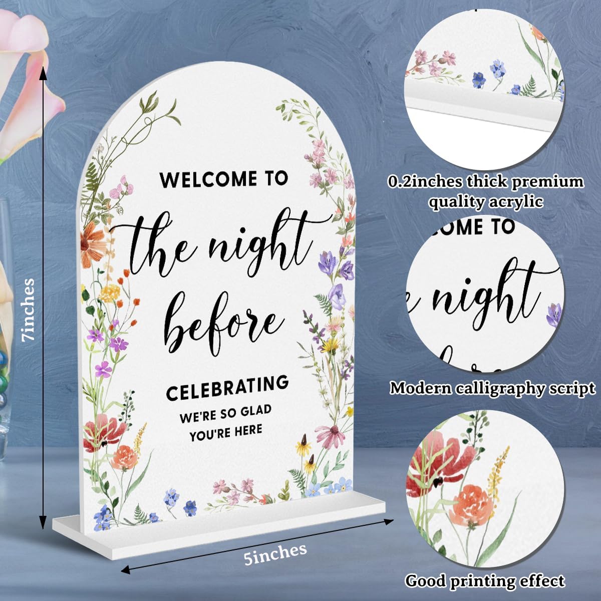 Acrylic Wedding Signs, Bridal Shower Decorations, Modern Arched Round Top Acrylic Table Top Sign with Holder for Wedding Reception Party Dinner - Welcome to The Night Befor (White Wildflowers)