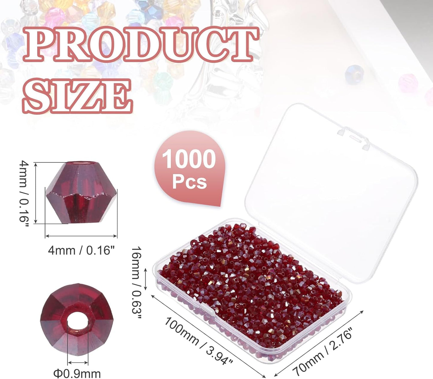 PATIKIL 1000pcs 4mm Bicone Glass Crystal Beads, Faceted Glass Spacer Beads with Box for Jewelry Making Bracelet Necklace Earrings DIY Suncatcher Craft, Dark Red AB