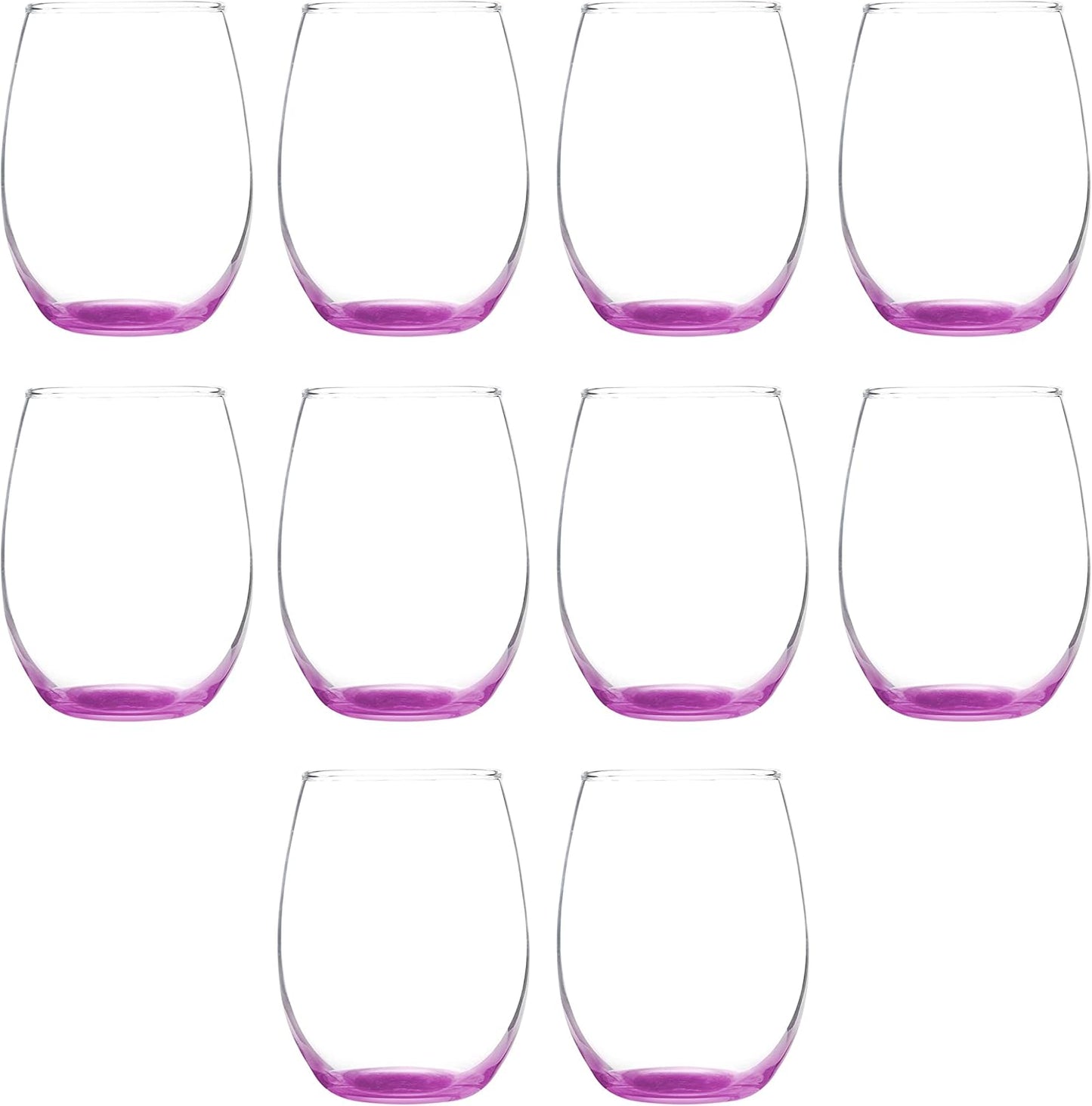 DISCOUNT PROMOS Stemless Wine Glass 9 oz. Set of 10, Bulk Pack - Great for Wedding Favors, Bachelorette Party and More - Pink Bottom Color