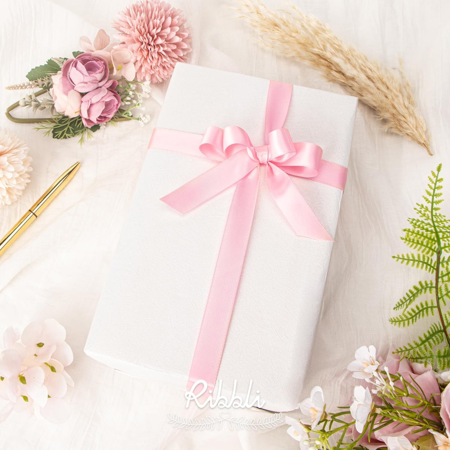 Ribbli Pink Satin Ribbon 5/8 inch x Continuous 25 Yards,Double Faced Satin Use for Craft, Gift Wrapping, Christmas Ornaments, Hair Bows, Bouquet Bows