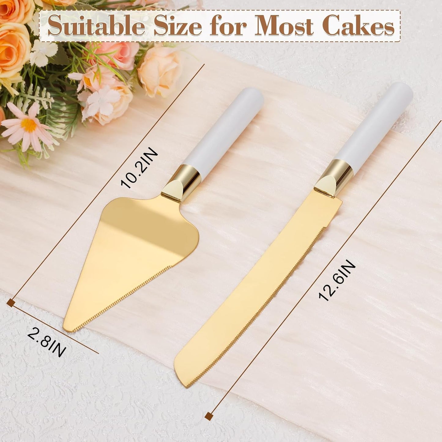 Gold Cake Cutting Set for Wedding, Wood Cake Knife & Server Set, Vintage 2-Piece Pie Cutter Serving Set, Serrated Pizza Utensils, Anniversary Birthday Bridal Gift (White)