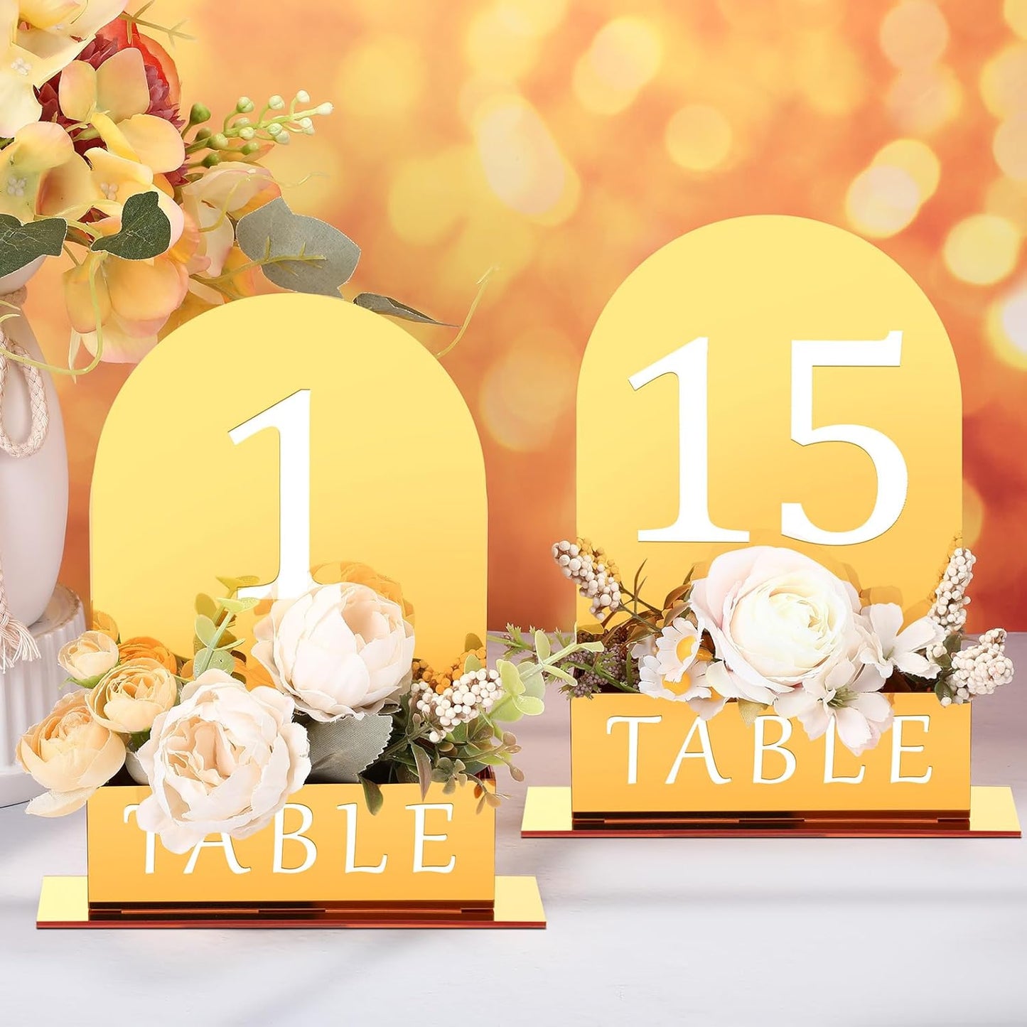 Table Number 1-15 for Wedding Reception Arch Acrylic Wedding Table Number with Flower Trough 5" x 7" Mirrored Rustic Centerpiece for Reception Bridal Shower Party Catering Banquet(Gold)