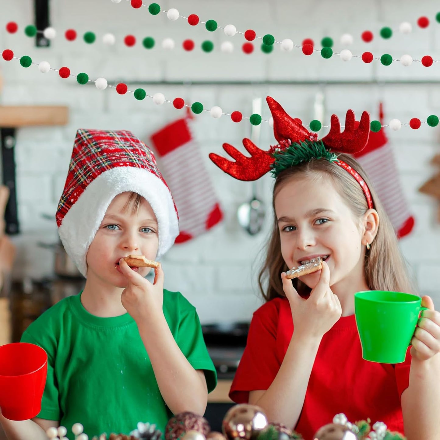 3 Pack Pom Pom Garland Colorful Felt Ball Garland Decorations, 6.5 Feet Long with 30 Balls Banner Hanging Supplies for Christmas, Parties (Red, Green & White)