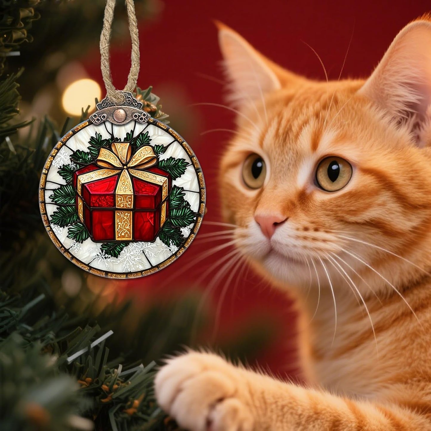 Stained Glass Christmas Decorations, Red Gift Gold Ribbon Suncatcher for Window Christmas Tree Hanging Ornaments Retro White Sun Catcher Xmas Decor Gifts for Women Men Mom Nana Friend