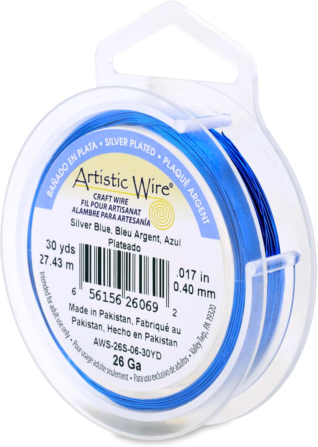 Artistic Wire, 26 Gauge Silver Plated Tarnish Resistant Colored Copper Craft Wire, Silver Blue, 30 yd