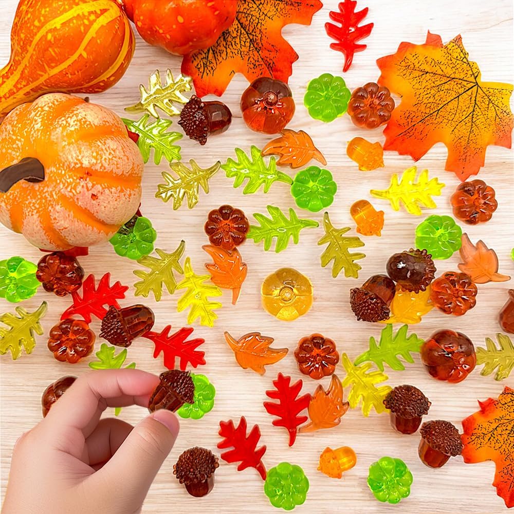 HappyFiller Fall Thanksgiving Autumn Harvest Decoration 135 Pcs Sensory Bin Filler,Small Acrylic Pumpkins,Acorns,Leaf Beads,Table Scatters Gems,Vase Fillers,Home Accents,Brown Yellow Orange Green Mix