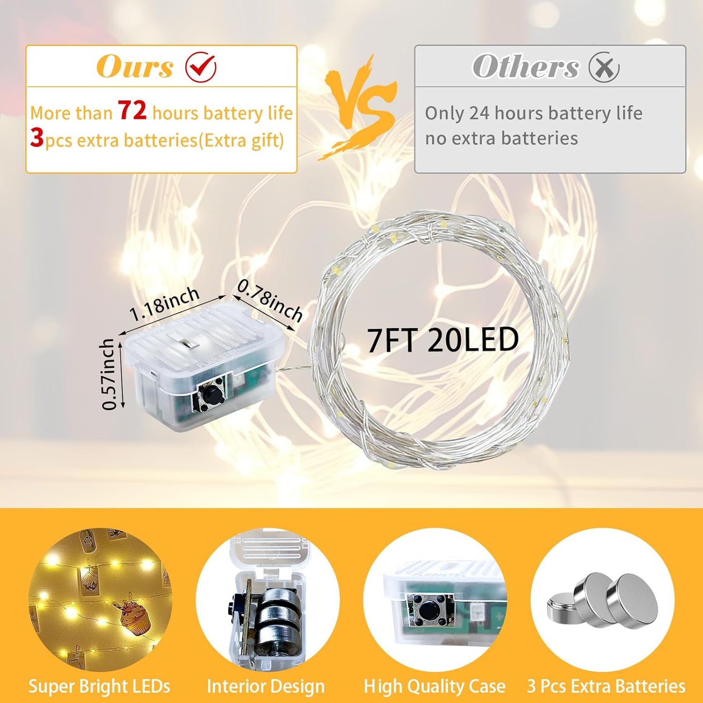 24 Pack Fairy Lights 7Ft 20 LED Twinkle String Lights 3 Modes Battery Operated Waterproof Firefly Starry for Mason Jar Party Wedding Christmas Valentines Day Table Centerpieces,Warm White