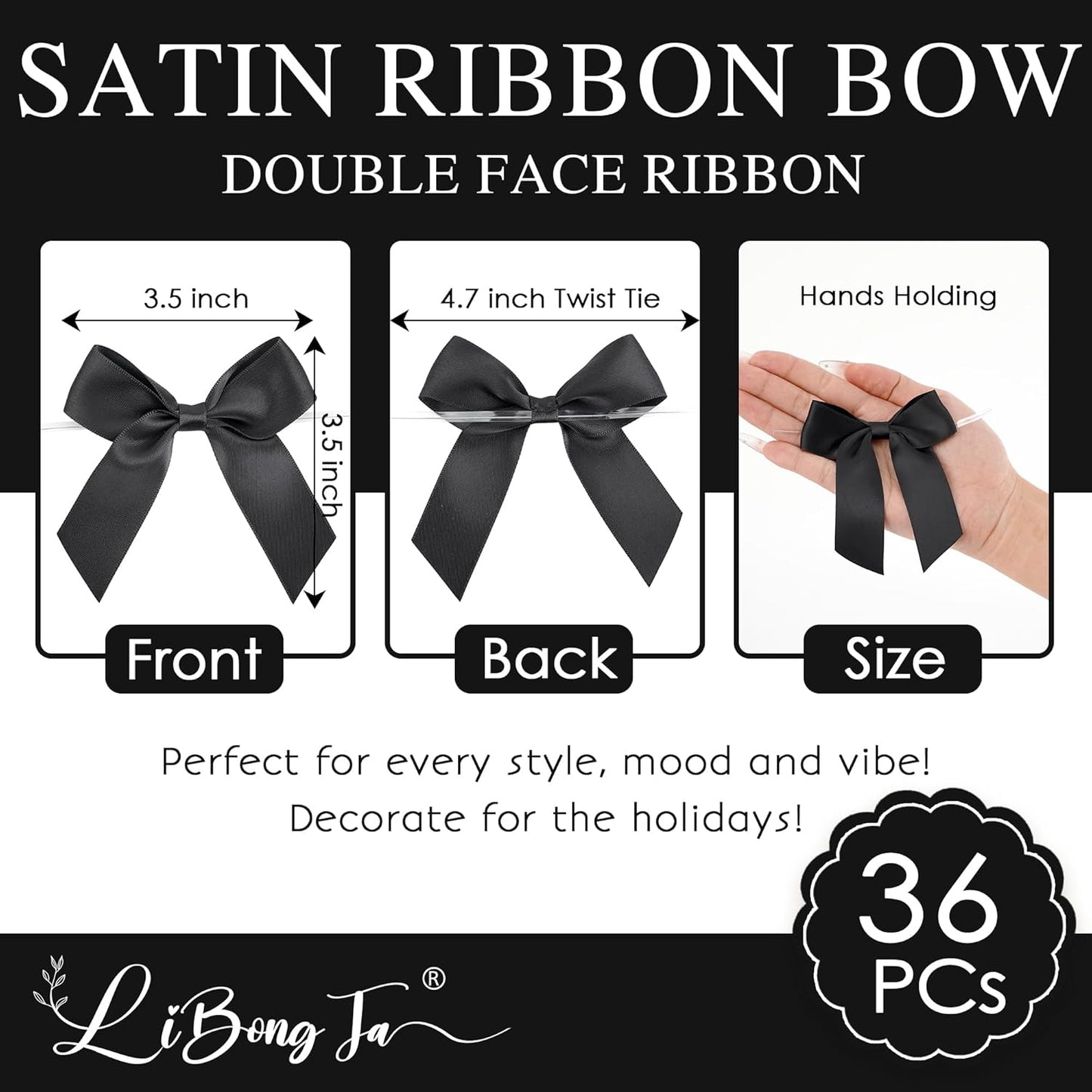 3.5" Black Bow Satin Pre-Tied Bows for Gift Wrapping, Small Bows for Crafts, Premade Bows, Candy Apple Bows, Twist Tie Bows for Cake Decorating, Party Favor, Wedding Decoration-36 Counts