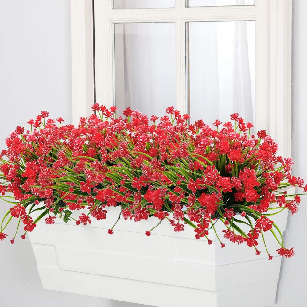 Artificial Flowers Outdoor UV Resistant Fake Plants Indoor Outside Hanging Planter Home Garden Decor, 10 Bundles (Red)