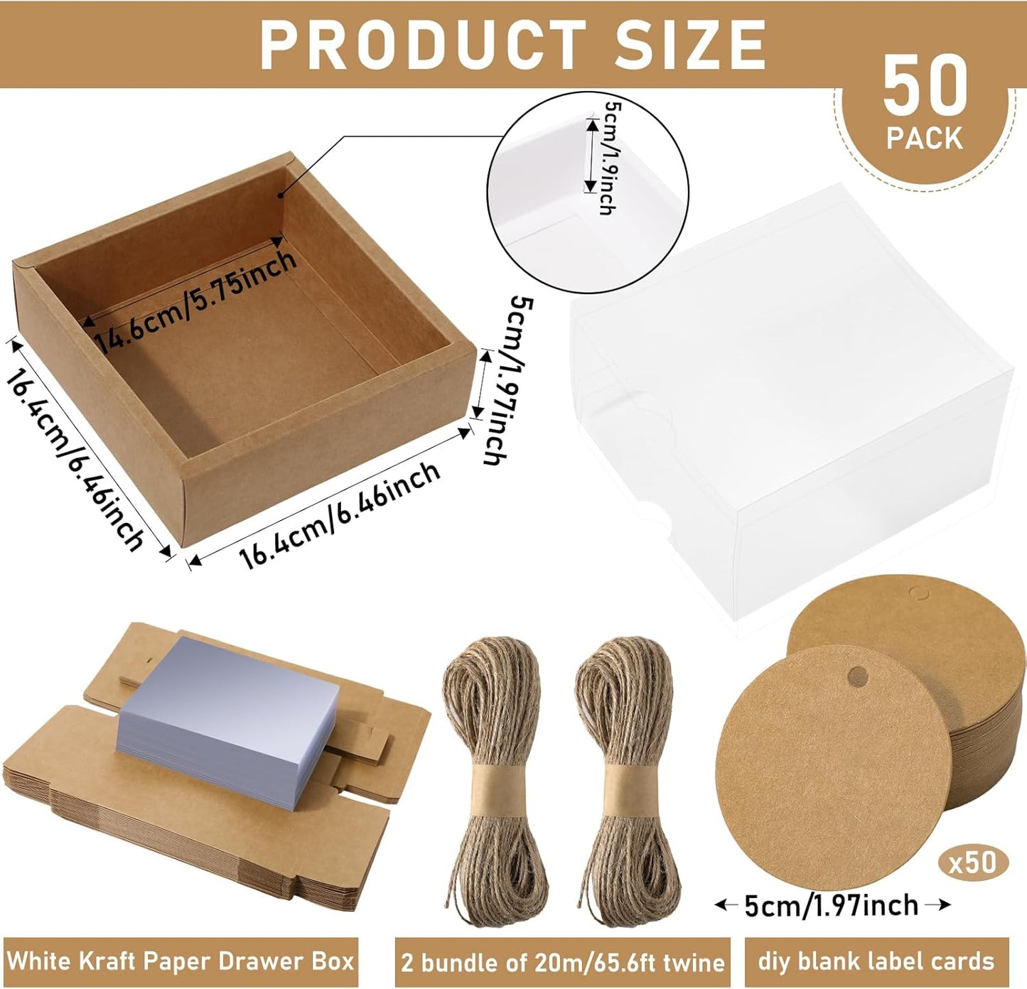 Roowest 50 Sets Kraft Soap Boxes Rectangle Packaging Box with Window Homemade Gift Box with Blank Tags and Jute String for Jewelry Candy Wrapping Party Favor(6.5 x 6.5 x 2 Inch,Kraft Color)
