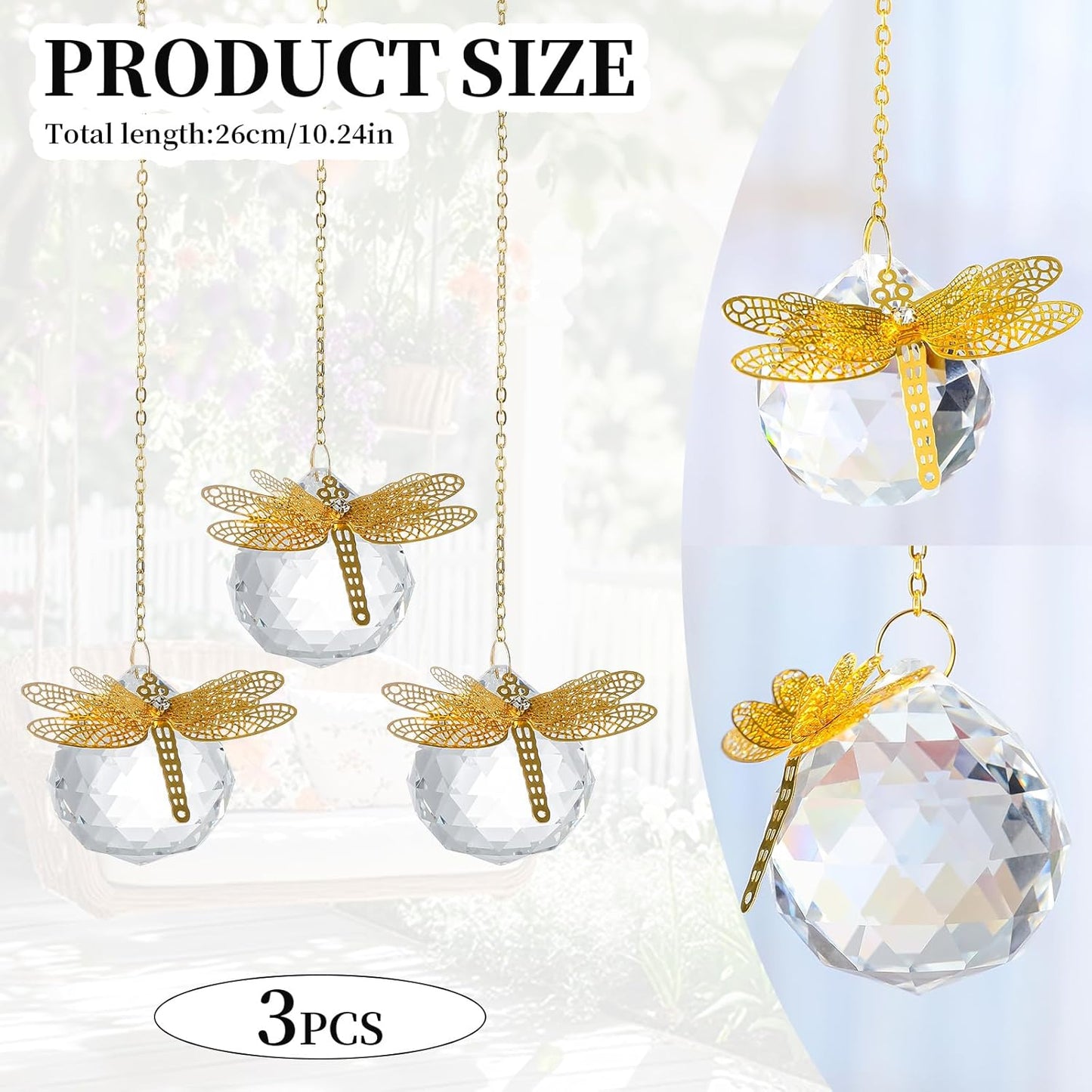 Crystal Suncatchers Gold Dragonfly 40mm Crystal Prisms Ball Rainbow Maker with Chain for Window Hanging Decoratioin 3 Pack