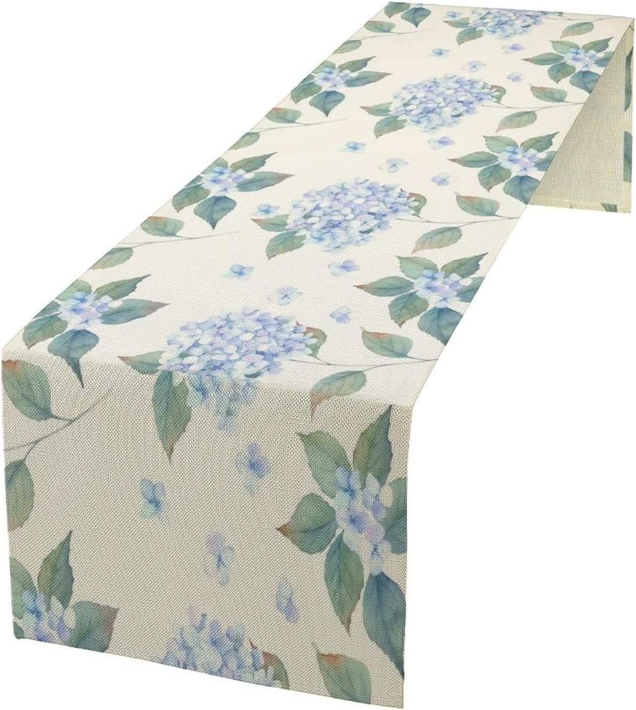 Spring Hydrangea Flower Table Runner, Seasonal Summer Plants Watercolor Blue Florals Dinner Runner for Home Kitchen Dining Table Party Holiday Decoration 13"x90"