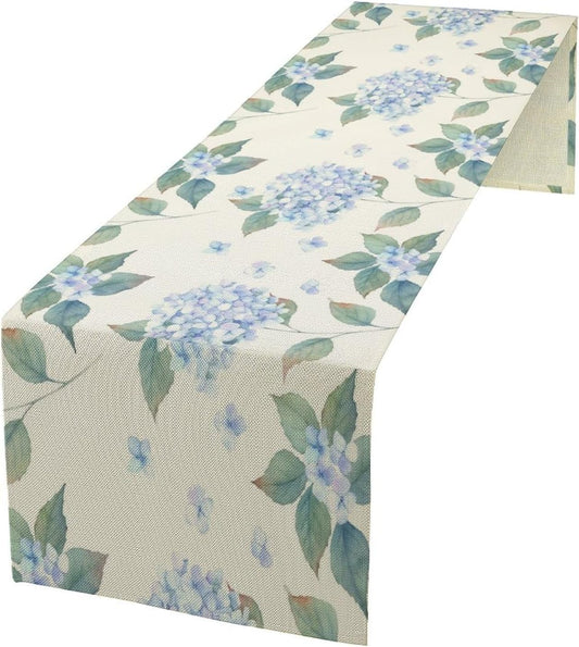 Spring Hydrangea Flower Table Runner, Seasonal Summer Plants Watercolor Blue Florals Dinner Runner for Home Kitchen Dining Table Party Holiday Decoration 13"x60"