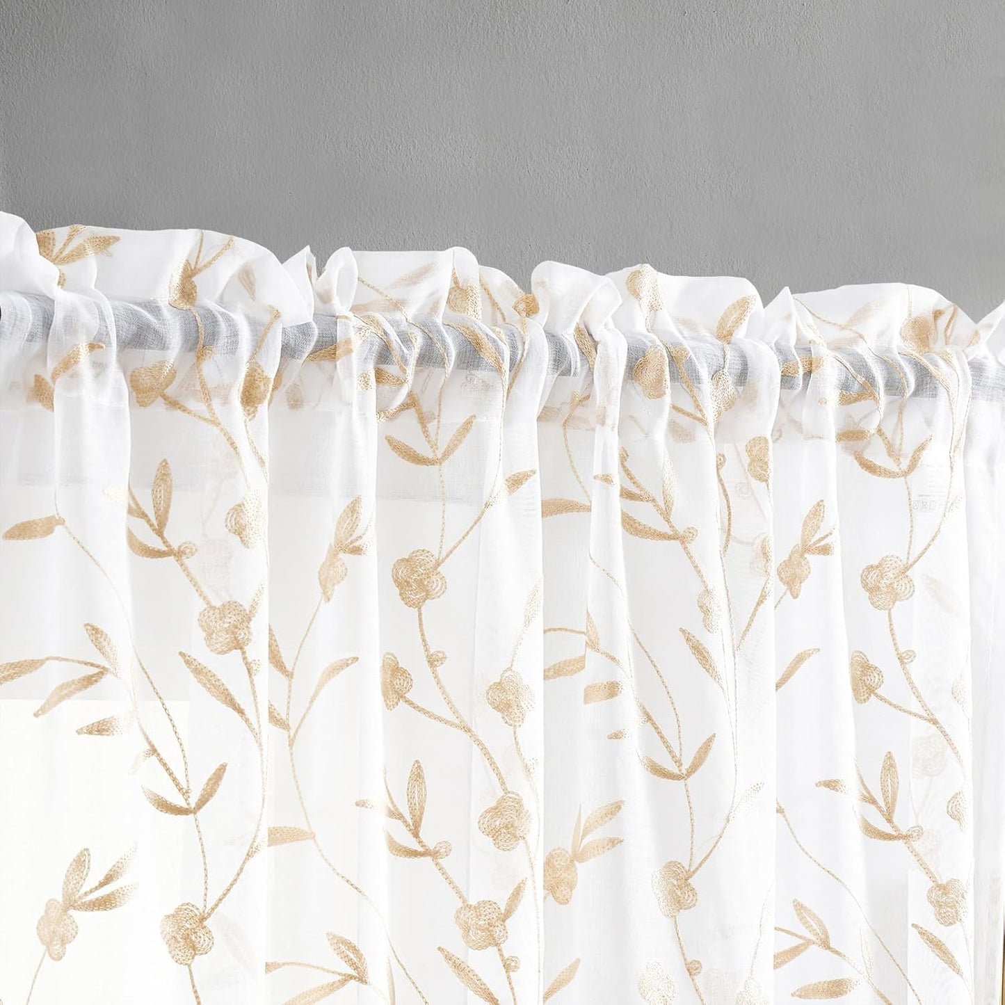 Sheer Curtains with Desin White-Beige Floral Embroidery 84 Inch Long Rod Pocket Lace Drapes for Living room, Bedroom, 2 Panels, 52"x84", Semi Voile Outdoor Window Treatment Sets for Yard, Patio.