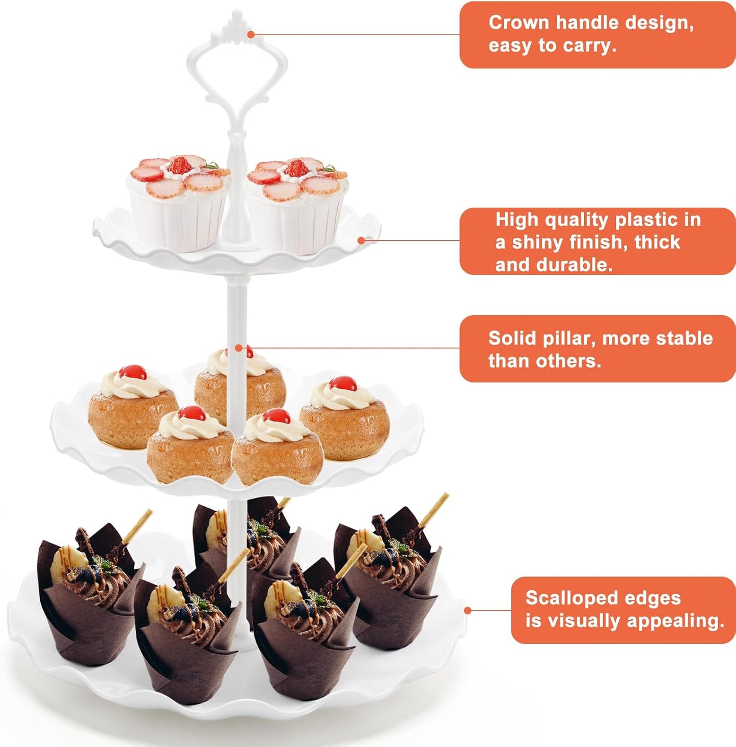 Coitak 3 Tier Cupcake Stand, Plastic Tiered Serving Stand, Dessert Tower Tray for Tea Party, Baby Shower and Wedding (Wavy-White Rod)