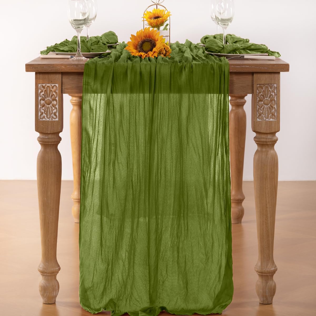 Olive Green Cheesecloth Table Runner Fall Table Runner Boho Gauze 120 Inches Green Fall Cheese Cloth Table Decorations for Thanksgiving Wedding Bridal Baby Shower Tea Party