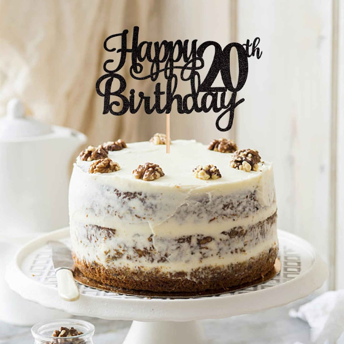 1 PCS Happy 20th Birthday Cake Topper Glitter Cheers to 20 Years Birthday Cake Pick Twenty 20 Fabulous Cake Decoration for Happy 20th Birthday Theme Party Decorations Supplies Black