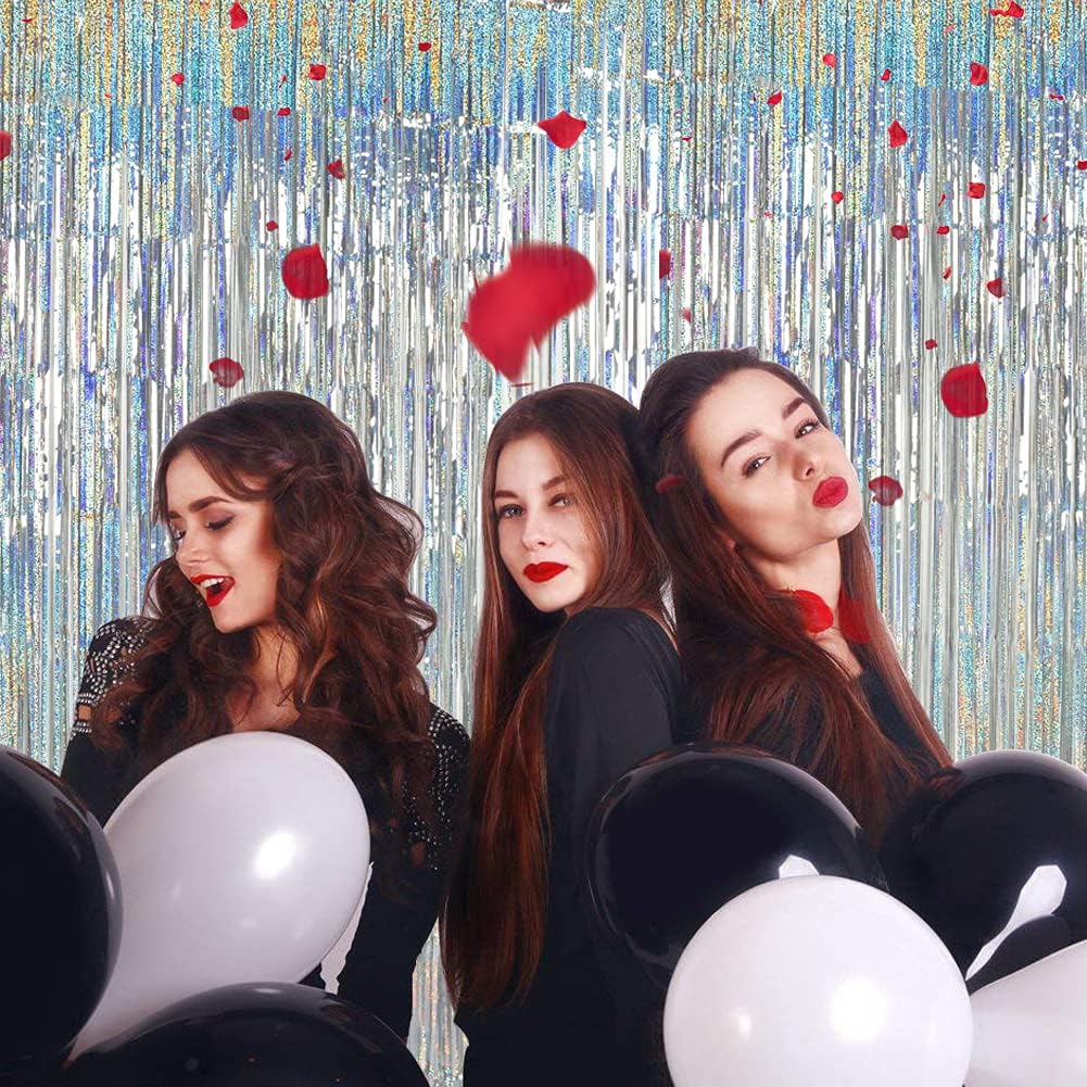 TONIFUL 3Pcs Laser Silver Door Streamers,Laser Silver Photo Booth Backdrop Metallic Streamers Foil Fringe Curtains for Birthday,Christmas,New Year,Bachelorette,Grad Party(9.9ft x 6.6ft)