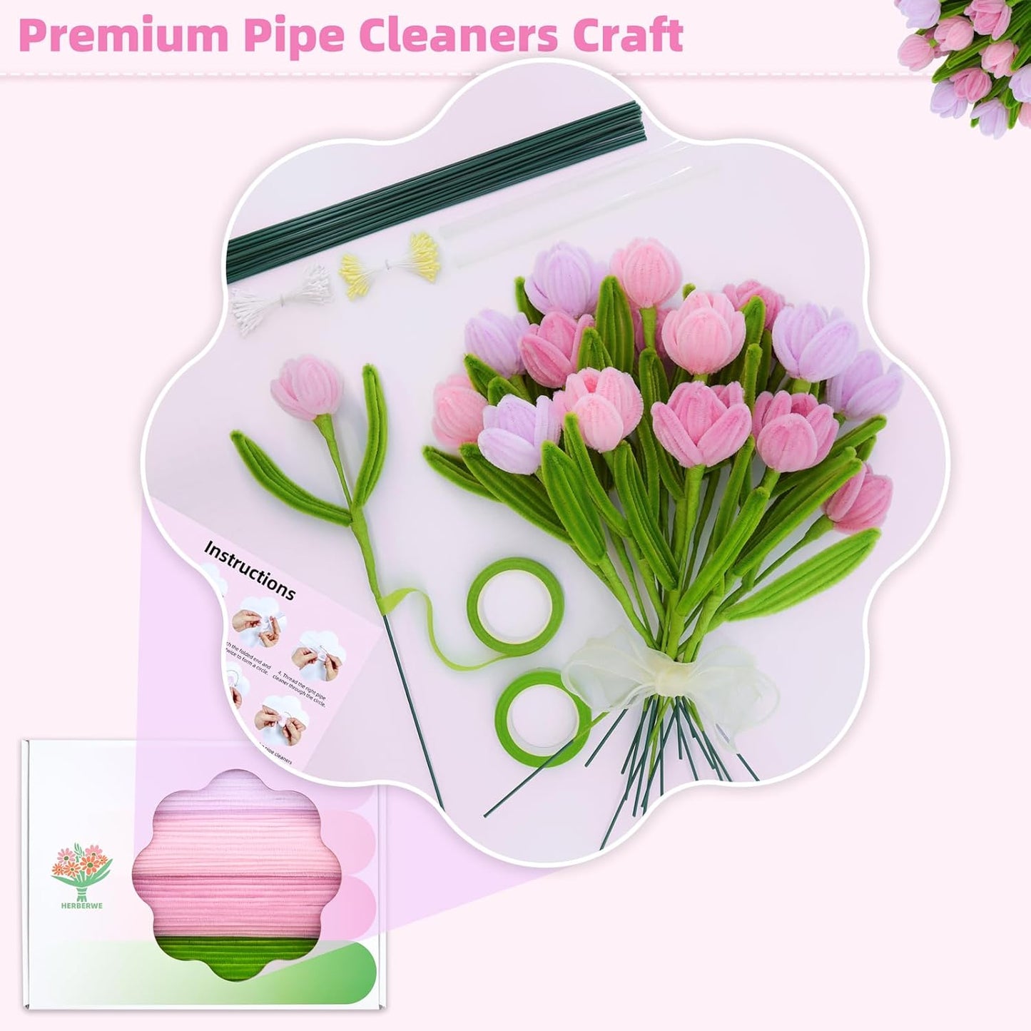 400 Pcs Pipe Cleaners Craft with Pastel Colors, Chenille Stems Flowers Craft Kit with Floral Wires, Floral Tape, Stamen & Ribbon, Pink Pipe Cleaner Flower Kit for Wedding Gift, Holiday Decoration