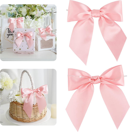 AIMUDI Baby Pink Satin Bows 5.5" Bows for Gift Wrapping Satin Twist Tie Bows Premade Ribbon Bows for Treat Bags Invitations Baskets Crafts Wedding Birthday Baby Shower Easter Decorations, 24 PCs