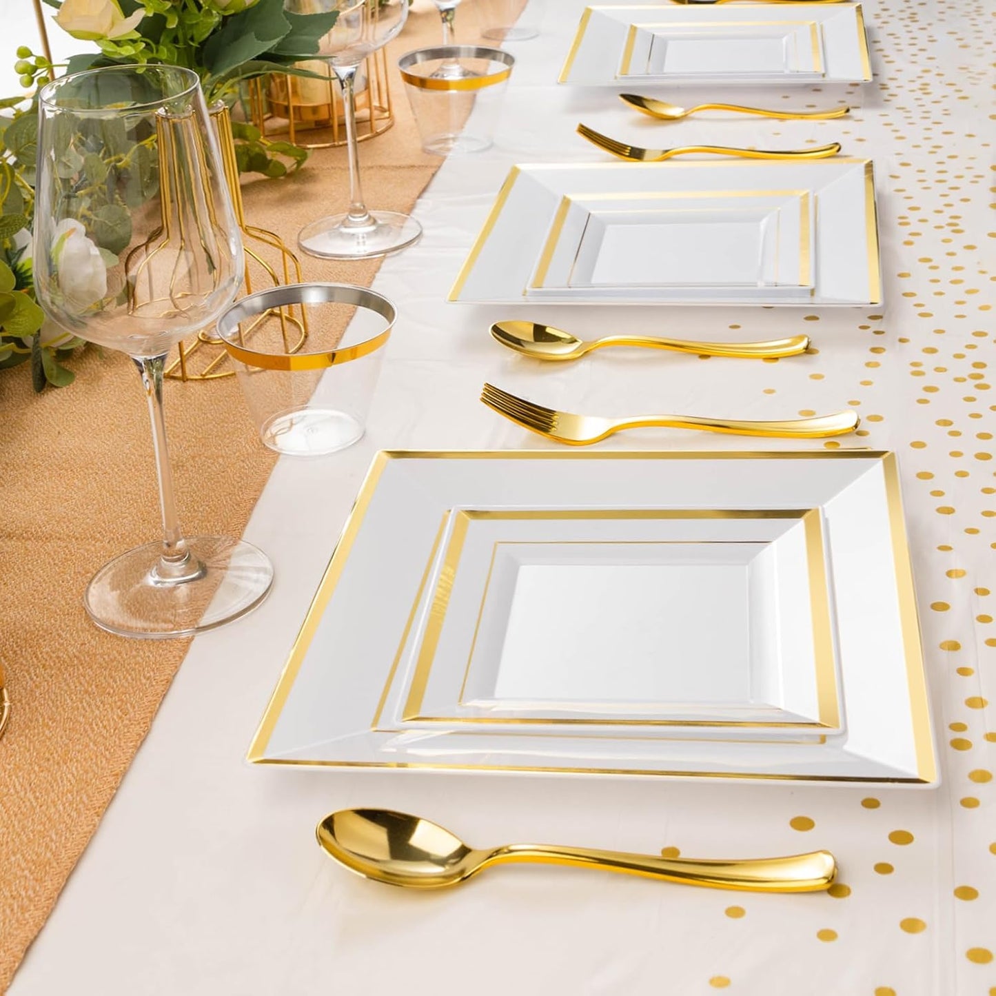 Goodluck 352 Piece Gold Dinnerware Set for 50 Guests, Thanksgiving Square Plastic Plates with Gold Trim, Include: 100 Plastic Plates, 50 Rolled Napkins, 50 Cups, 50 Cutlery Set and 2 Tablecloth