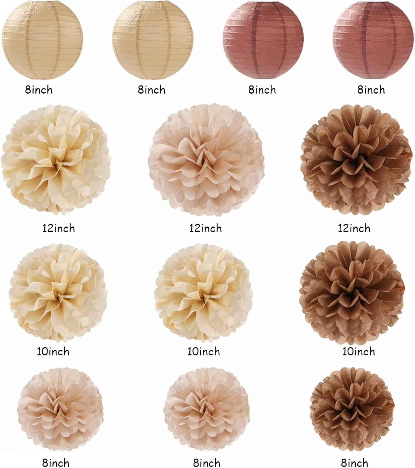 Boho Baby-Shower White-Brown Champagne Party-Decorations - 20pcs Neutral Rustic Paper Lanterns Fans,Tissue Pom Poms,Honeycomb Balls,Bunting,Birthday Wedding Bridal Christmas Fall Autumn Decor Burgleda