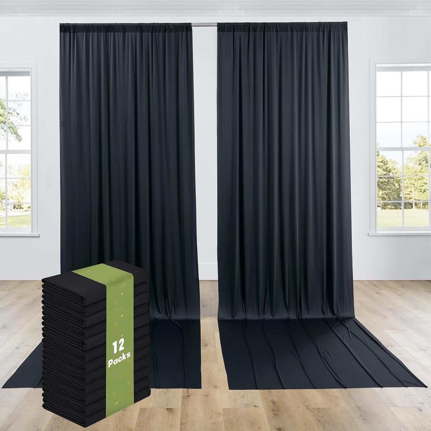 PartyVillage 60ft×15ft Black Backdrop Curtain for Halloween Parties, 12 Panels Wrinkle Free 15 FT Long Polyester Photo Backdrop Drapes Back Drop Cloth for Birthday Photography Background