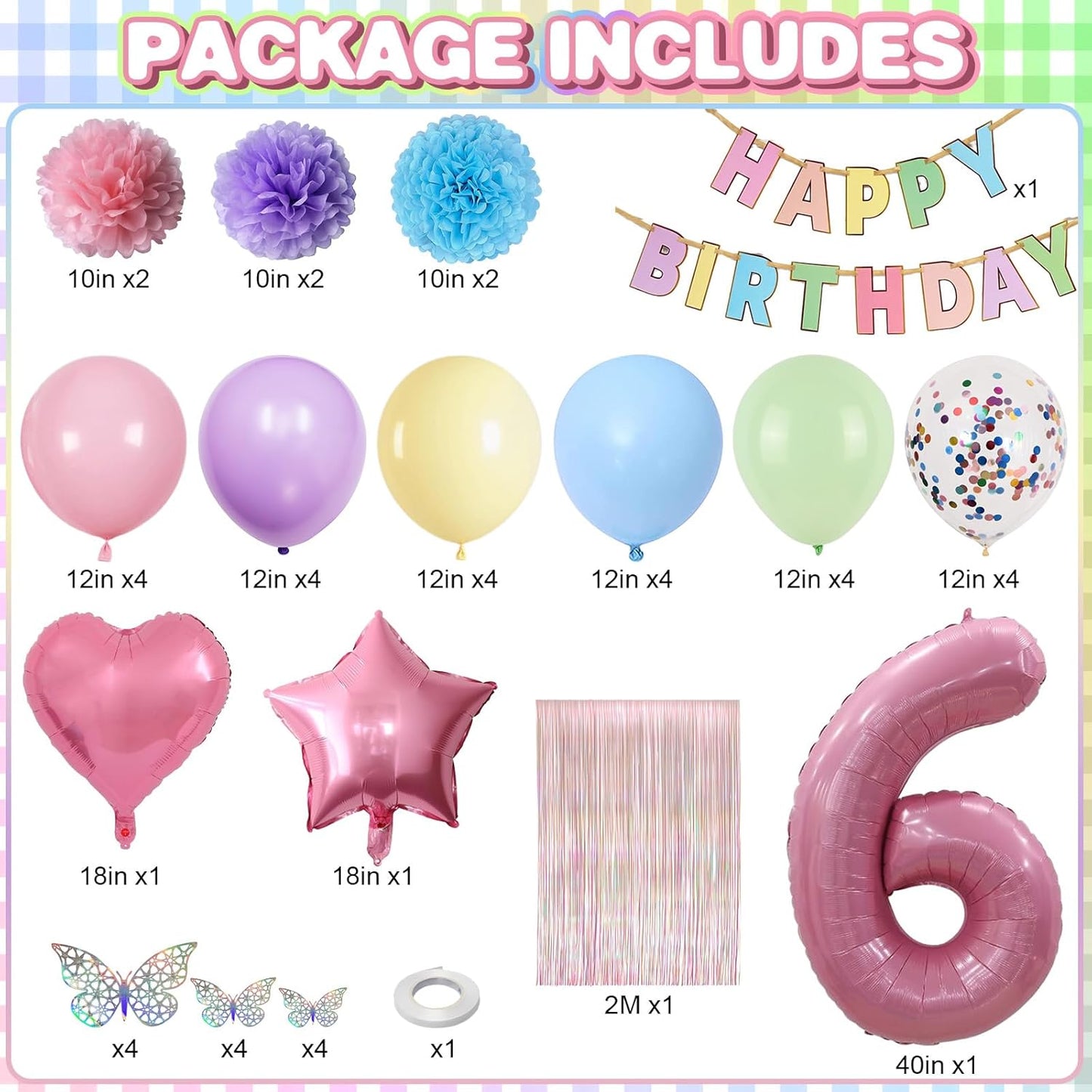 Pastel 6th Birthday Party Decorations for Girls Number 6 Balloon Happy Birthday Banner Butterfly Stickers Fringe Curtain Paper Pom Poms Macaron Pink Star Heart Foil Colorful Balloons 6 Year Old Decor