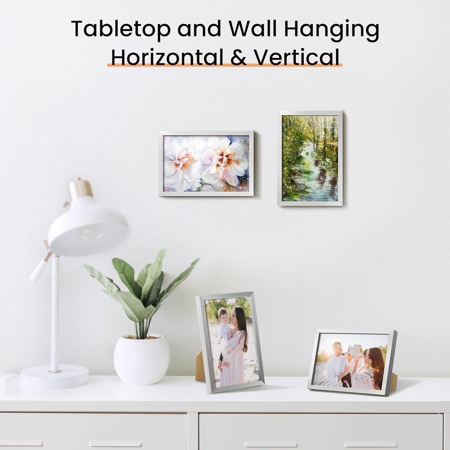 upsimples 4x6 Picture Frame Set of 3, Made of High Definition Glass for 4 x 6, Wall and Tabletop Display Thin Border Photo Frames for Home Decor, Silver