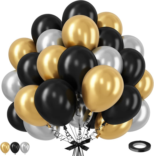 Black and Gold Balloons Set, 12 Inch Black Gold Silver Balloon New Year Eve Party Decoration Black Silver Latex Balloons for New Year Party Birthday Wedding Graduation Banquet Decoration